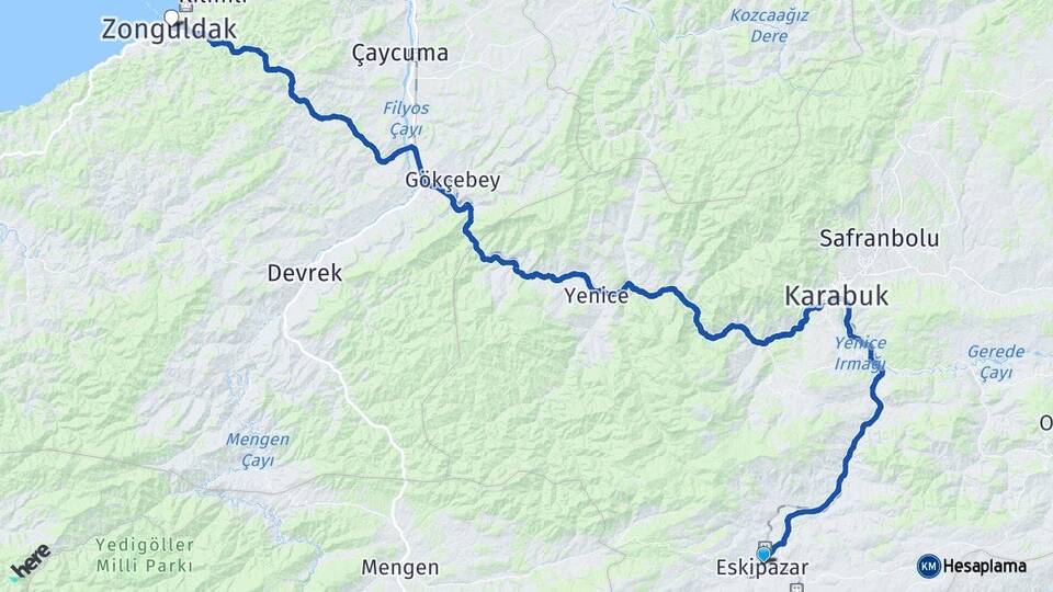 Karabük Eskipazar Zonguldak Arası Kaç Km - Yol Haritası