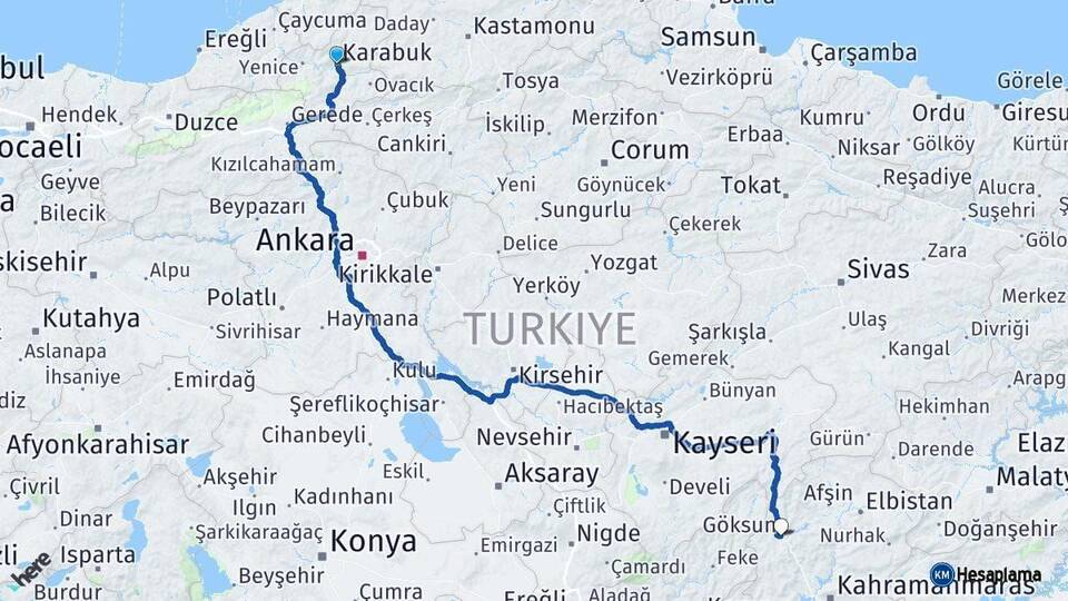 Karabük Göksun Kahramanmaraş Arası Kaç Km - Yol Haritası