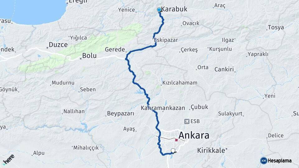 Karabük Gölbaşı Ankara Arası Kaç Km - Yol Haritası