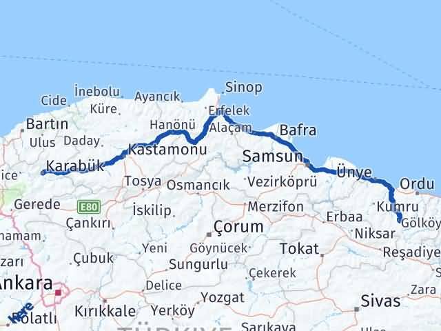 Karabük Gölköy Ordu Arası Kaç Km - Yol Haritası