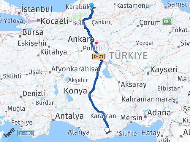 Karabük Gülnar Mersin Arası Kaç Km - Yol Haritası