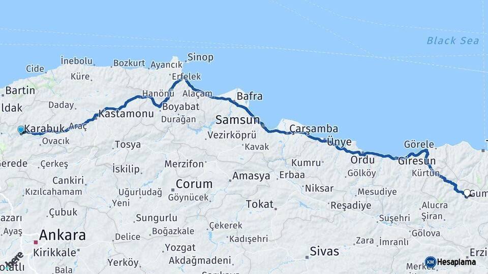 Karabük Gümüşhane Arası Kaç Km - Yol Haritası