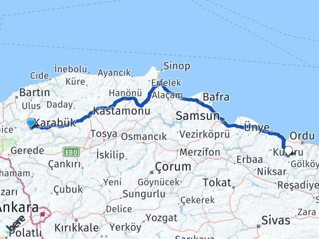 Karabük Gürgentepe Ordu Arası Kaç Km - Yol Haritası