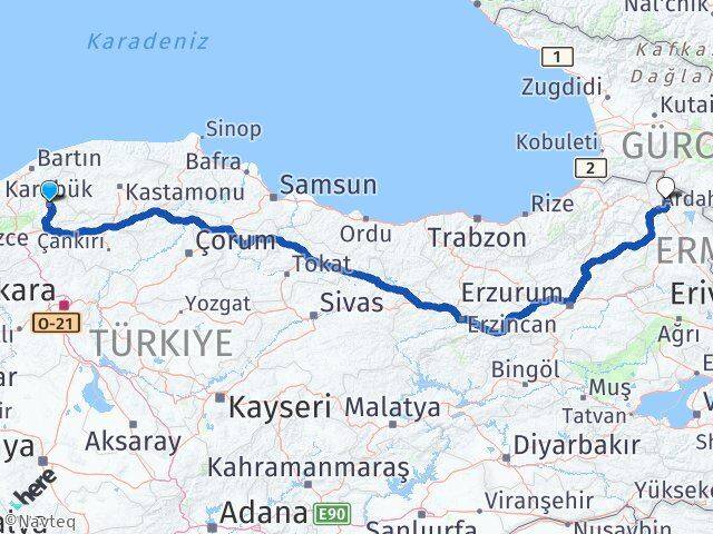 Karabük Hanak Ardahan Arası Kaç Km - Yol Haritası