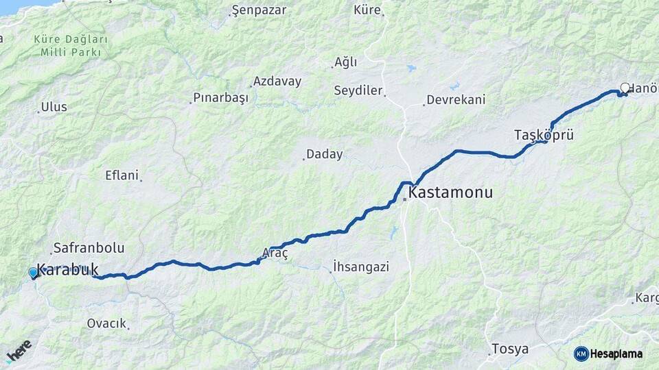 Karabük Hanönü Kastamonu Arası Kaç Km - Yol Haritası
