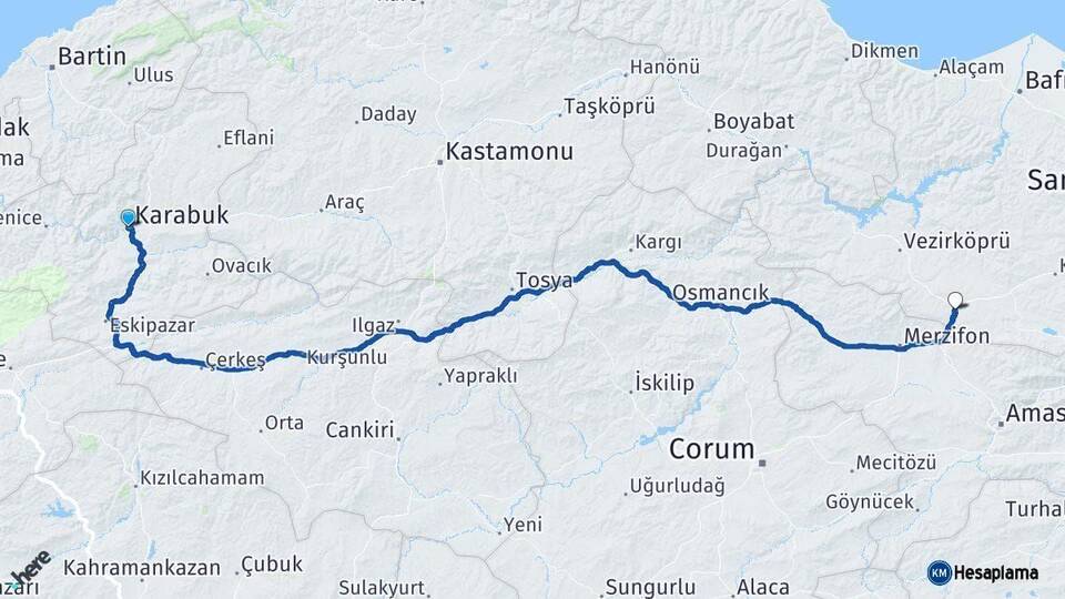 Karabük Havza Samsun Arası Kaç Km - Yol Haritası