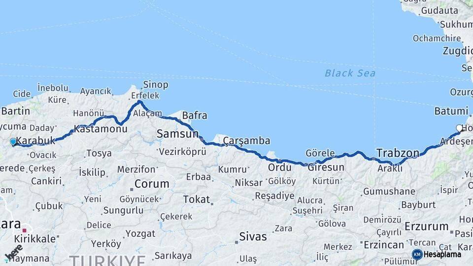 Karabük Hopa Artvin Arası Kaç Km - Yol Haritası