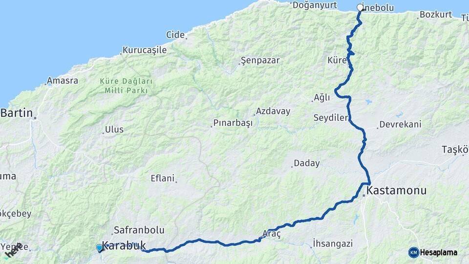 Karabük İnebolu Kastamonu Arası Kaç Km - Yol Haritası