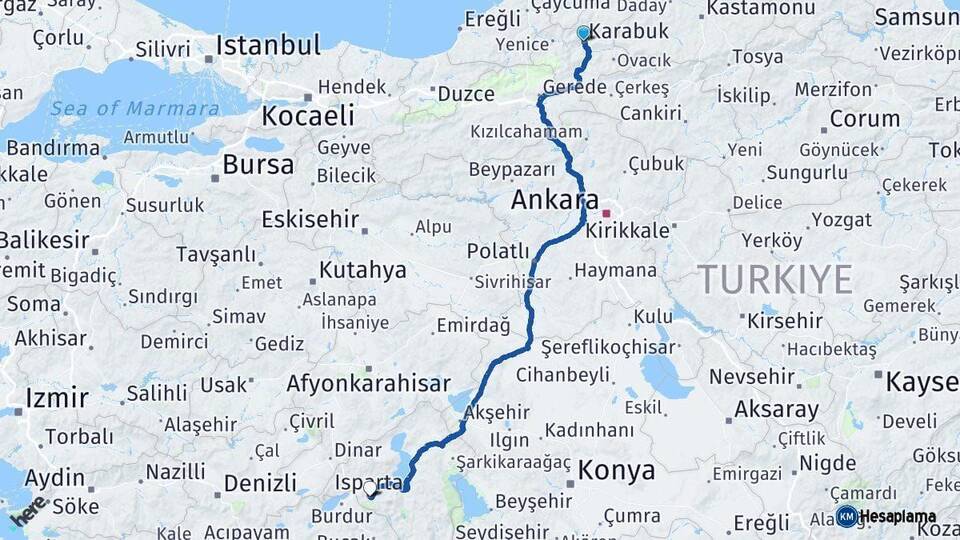 Karabük Isparta Arası Kaç Km - Yol Haritası