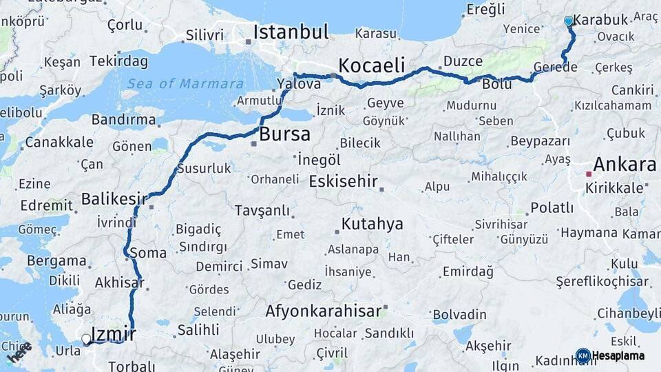Karabük İzmir Arası Kaç Km - Yol Haritası