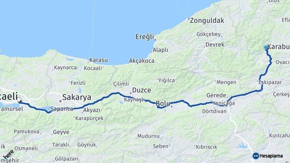 Karabük İzmit Kocaeli Arası Kaç Km - Yol Haritası
