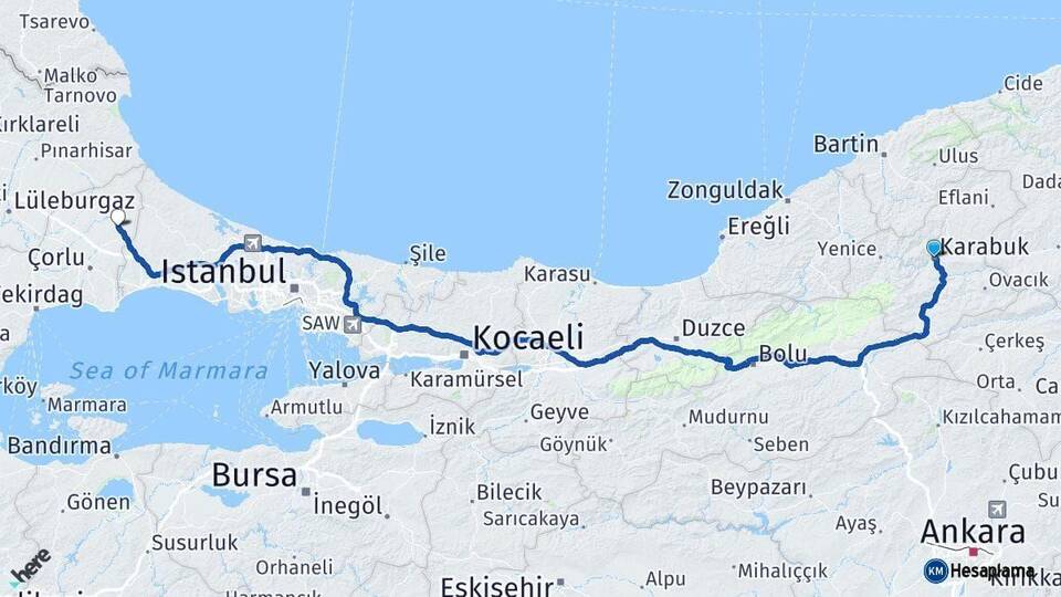 Karabük Kapaklı Tekirdağ Arası Kaç Km - Yol Haritası