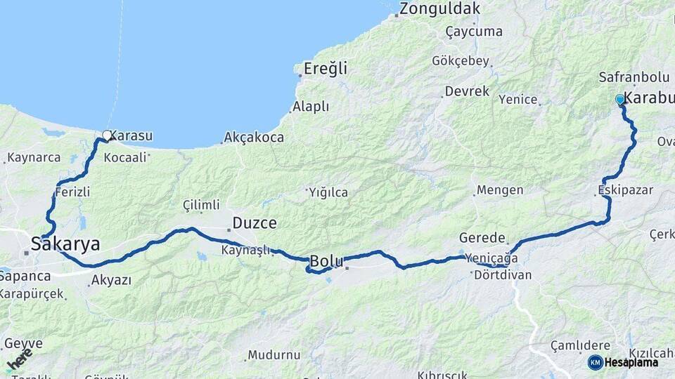 Karabük Karasu Sakarya Arası Kaç Km - Yol Haritası