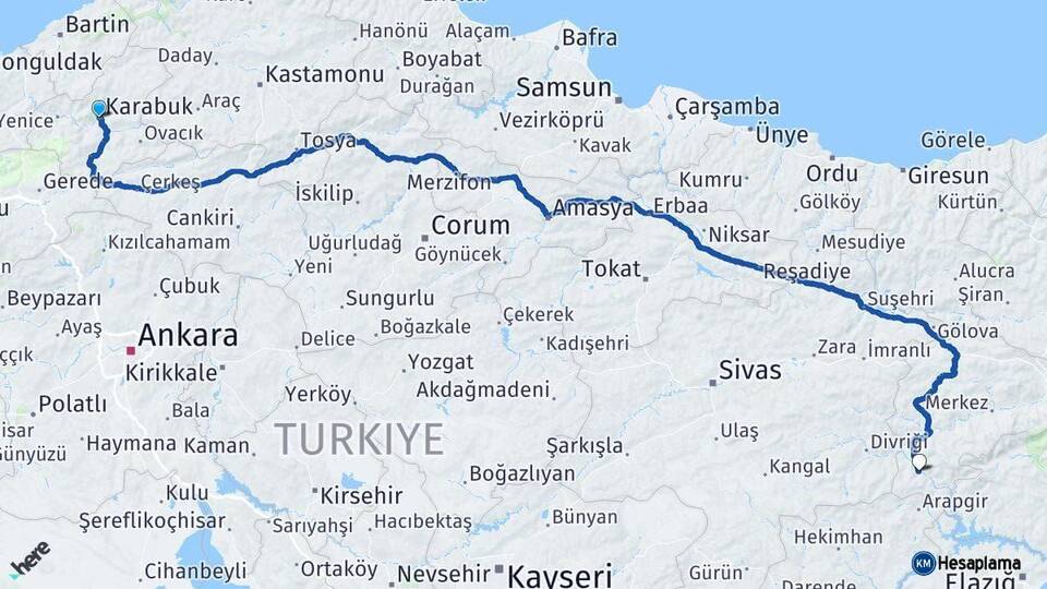 Karabük Kemaliye Erzincan Arası Kaç Km - Yol Haritası