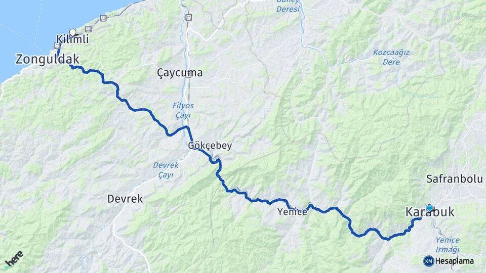 Karabük Kilimli Zonguldak Arası Kaç Km - Yol Haritası