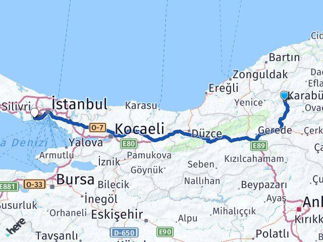 Karabük Küçükçekmece İstanbul Arası Kaç Km - Yol Haritası