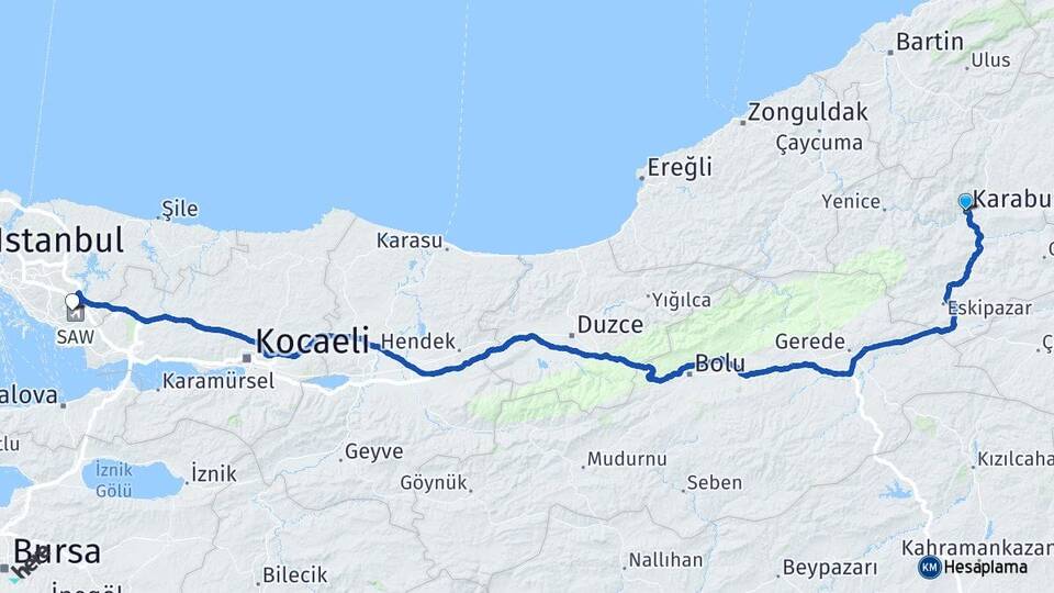 Karabük Kurtköy Pendik İstanbul Arası Kaç Km - Yol Haritası