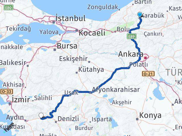 Karabük Kuyucak Aydın Arası Kaç Km - Yol Haritası