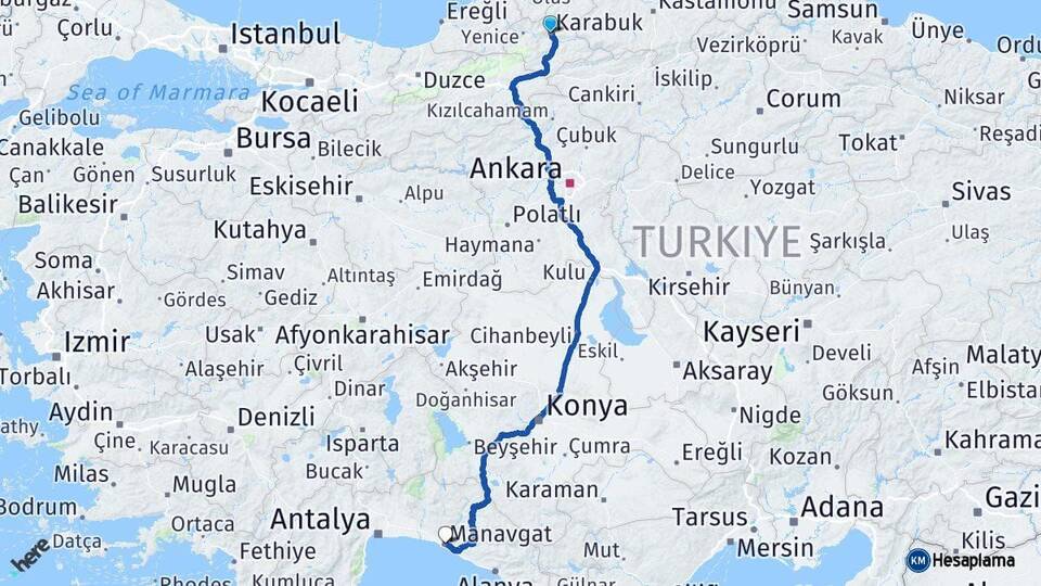 Karabük Manavgat Antalya Arası Kaç Km - Yol Haritası