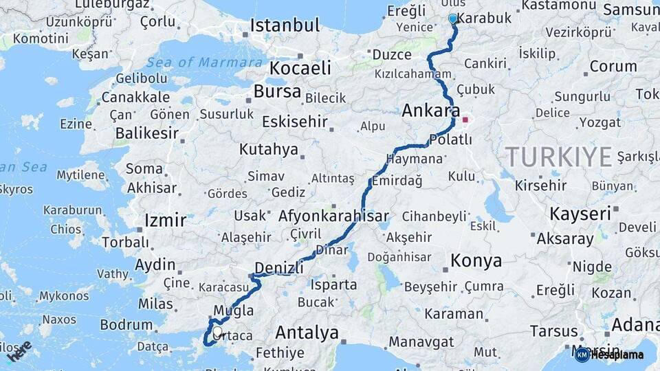 Karabük Muğla Arası Kaç Km - Yol Haritası