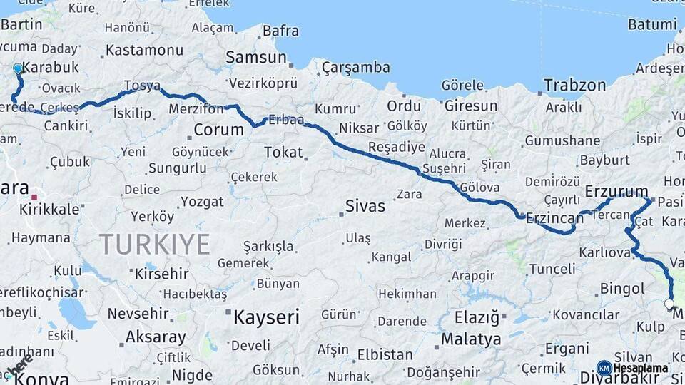 Karabük Muş Arası Kaç Km - Yol Haritası