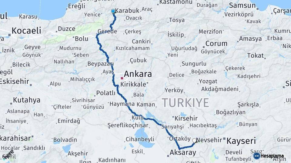 Karabük Nevşehir Arası Kaç Km - Yol Haritası