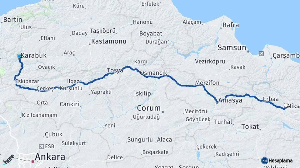 Karabük Niksar Tokat Arası Kaç Km - Yol Haritası
