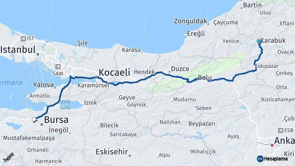 Karabük Nilüfer Bursa Arası Kaç Km - Yol Haritası