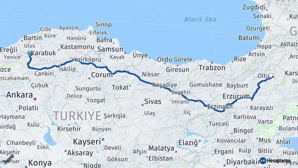 Karabük Oltu Erzurum Arası Kaç Km - Yol Haritası