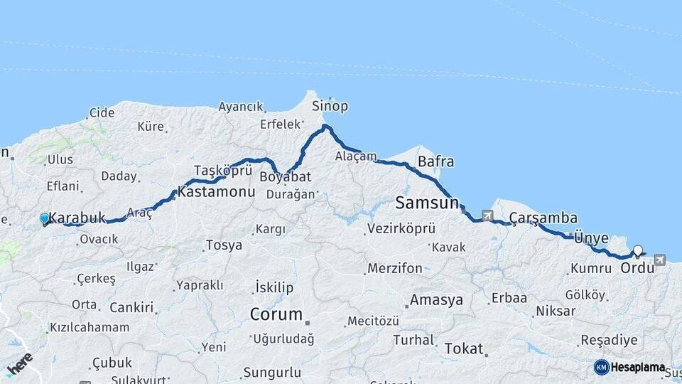 Karabük Ordu Arası Kaç Km - Yol Haritası