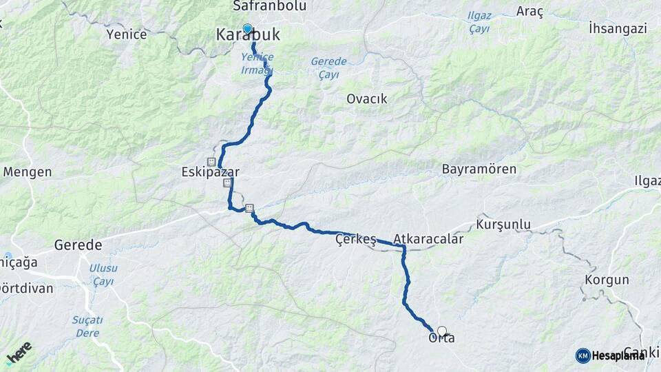 Karabük Orta Çankırı Arası Kaç Km - Yol Haritası