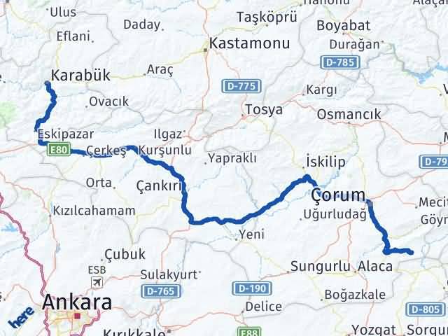 Karabük Ortaköy Çorum Arası Kaç Km - Yol Haritası