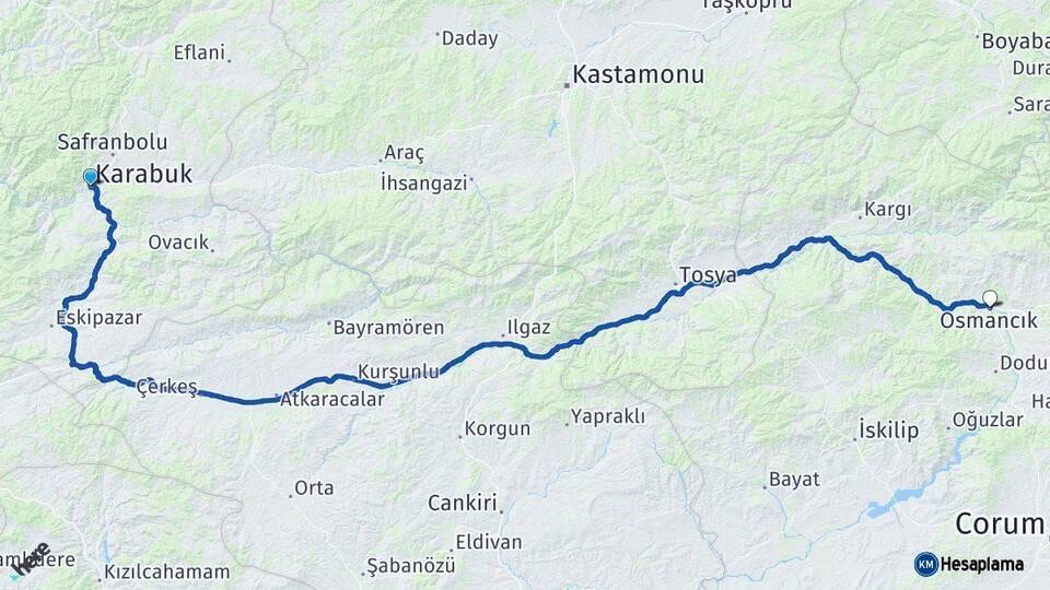 Karabük Osmancık Çorum Arası Kaç Km - Yol Haritası