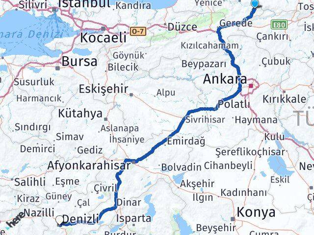 Karabük Ovacık Denizli Arası Kaç Km - Yol Haritası
