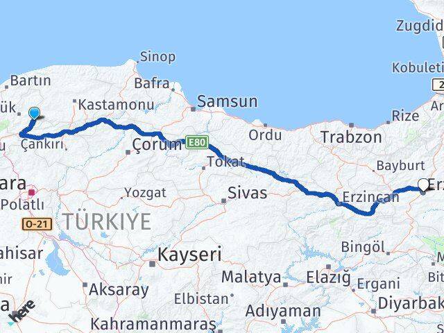 Karabük Ovacık Erzurum Arası Kaç Km - Yol Haritası