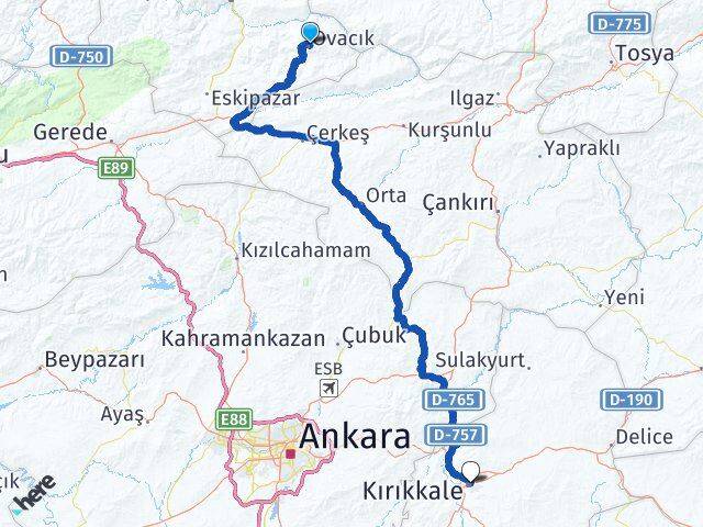 Karabük Ovacık Kırıkkale Arası Kaç Km - Yol Haritası