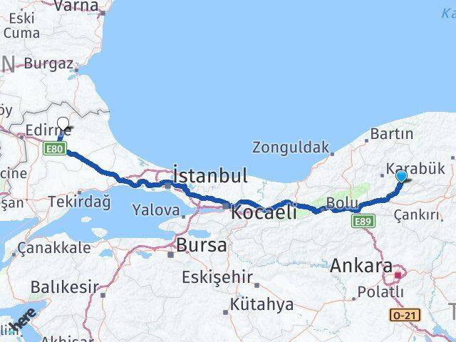 Karabük Ovacık Kırklareli Arası Kaç Km - Yol Haritası