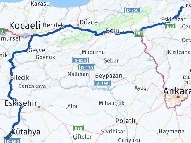Karabük Ovacık Kütahya Arası Kaç Km - Yol Haritası