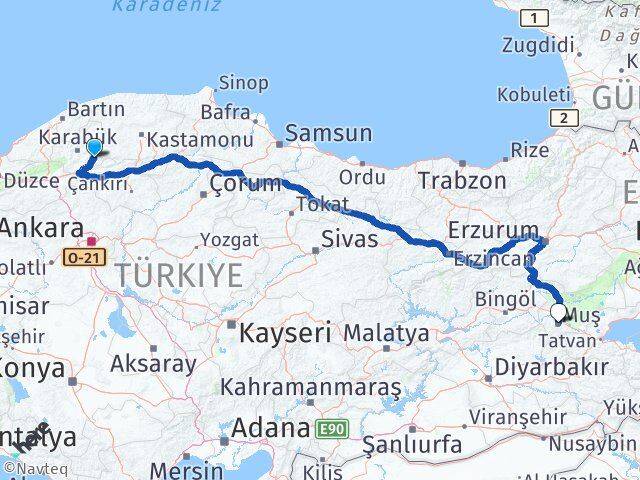 Karabük Ovacık Muş Arası Kaç Km - Yol Haritası