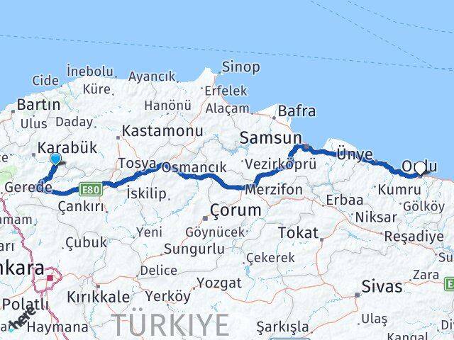Karabük Ovacık Ordu Arası Kaç Km - Yol Haritası
