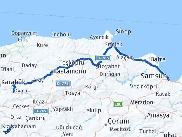 Karabük Ovacık Samsun Arası Kaç Km - Yol Haritası