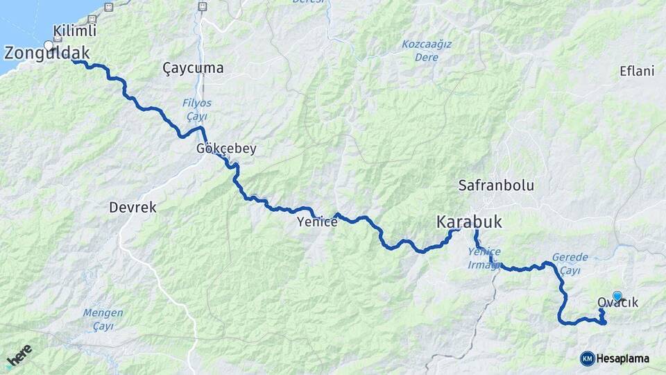 Karabük Ovacık Zonguldak Arası Kaç Km - Yol Haritası