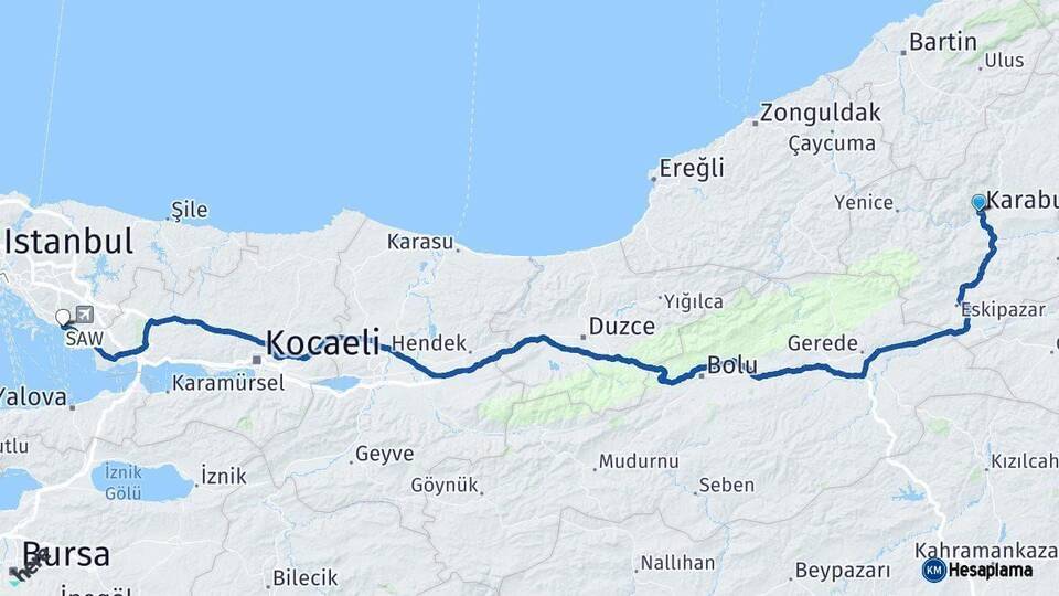 Karabük Pendik İstanbul Arası Kaç Km - Yol Haritası