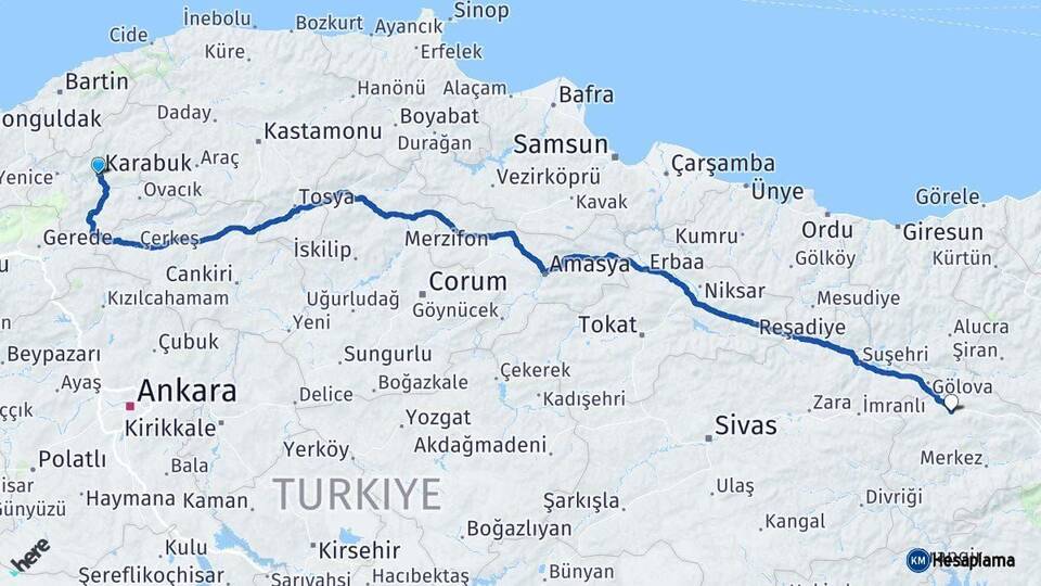 Karabük Refahiye Erzincan Arası Kaç Km - Yol Haritası