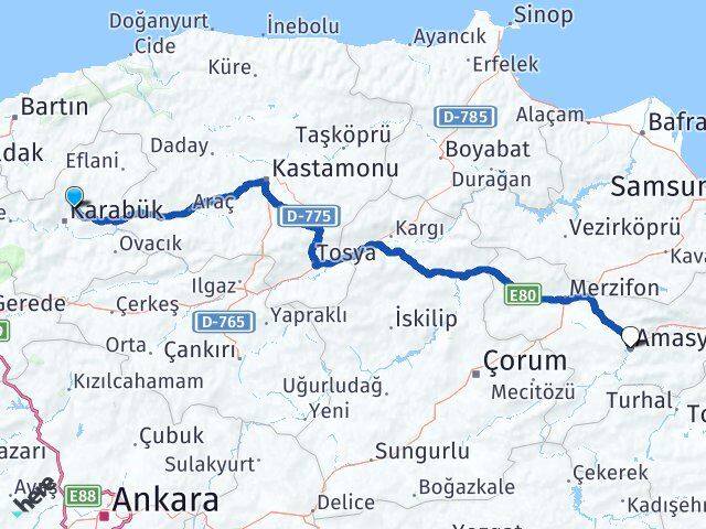 Karabük Safranbolu Amasya Arası Kaç Km - Yol Haritası