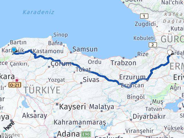 Karabük Safranbolu Ardahan Arası Kaç Km - Yol Haritası