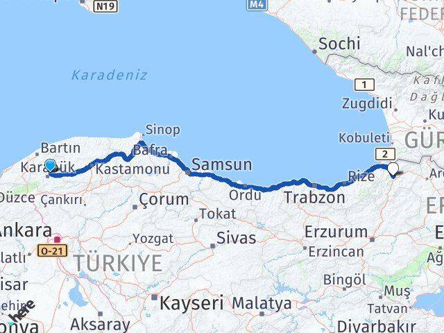 Karabük Safranbolu Artvin Arası Kaç Km - Yol Haritası