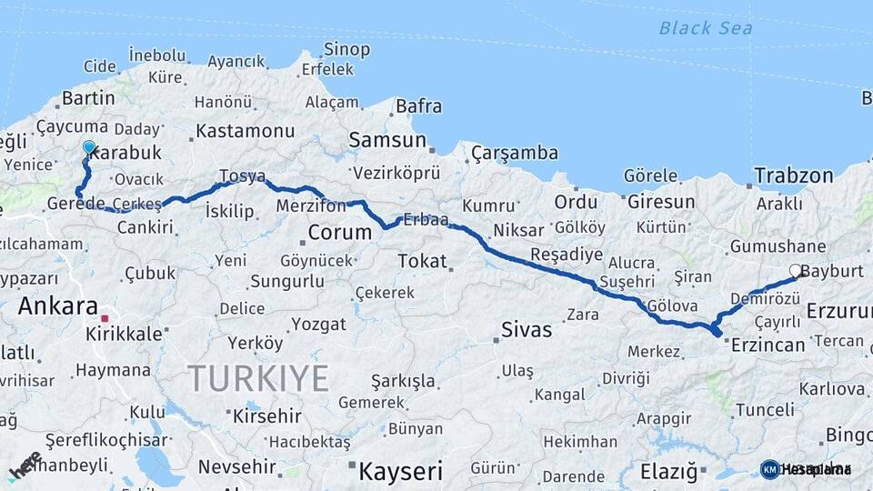 Karabük Safranbolu Bayburt Arası Kaç Km - Yol Haritası
