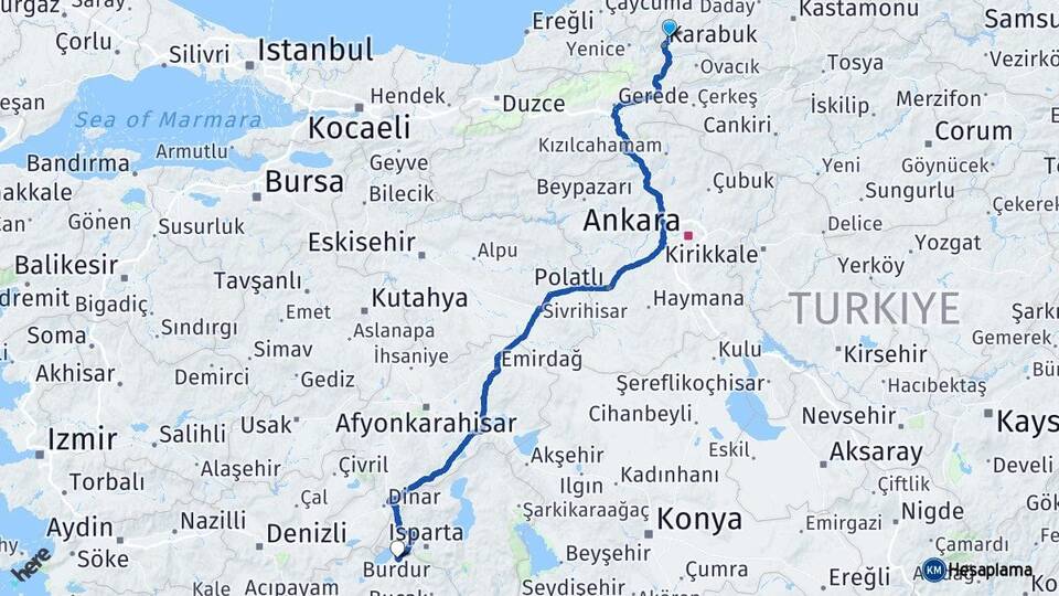Karabük Safranbolu Burdur Arası Kaç Km - Yol Haritası