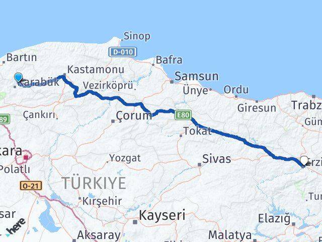 Karabük Safranbolu Erzincan Arası Kaç Km - Yol Haritası
